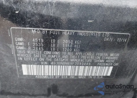 2015 Subaru Legacy 2.5I Limited из США, поврежденный, VIN 4S3BNBN6XF3040449